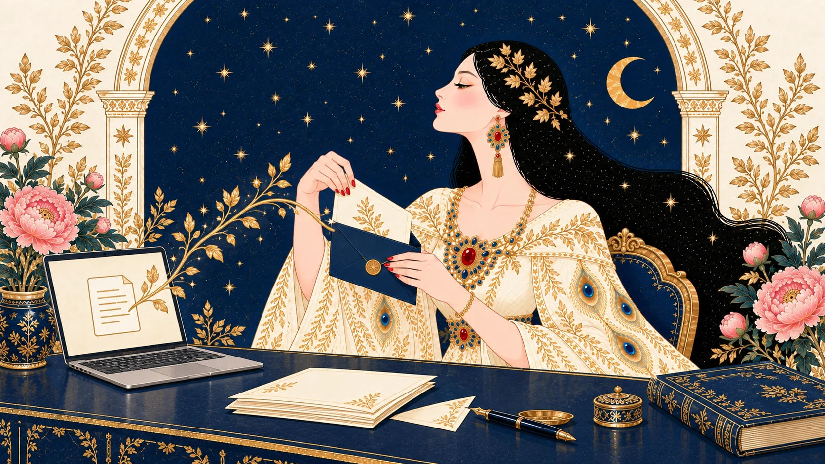 IRIS holding a letter beside a laptop and paper correspondence on a navy writing desk
