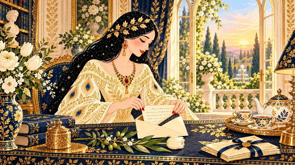 IRIS tucking a folded letter into an envelope beside an olive branch and a white tulip in a sunrise-lit writing room.