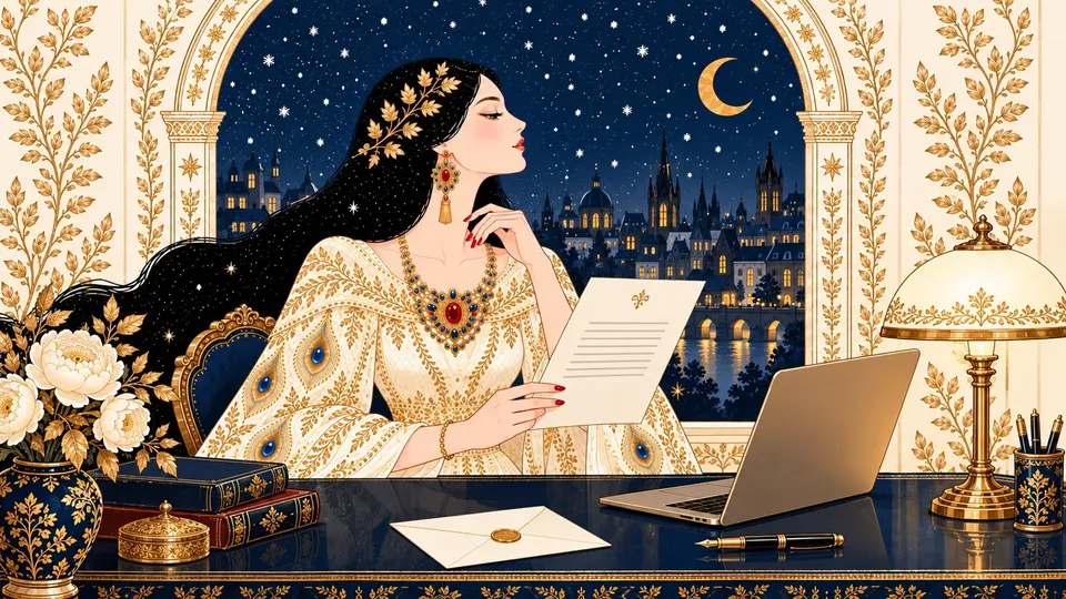 IRIS reviewing a typed business letter on letterhead at a navy desk beside a laptop and a sealed envelope.