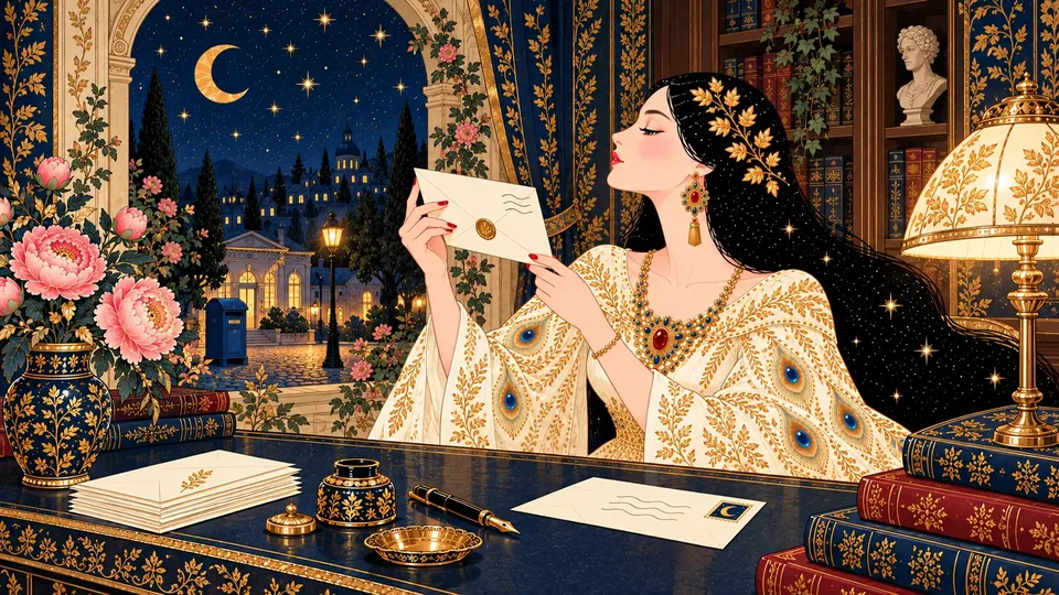 IRIS holding a sealed ivory envelope up to the lamplight to study its blank upper-left corner, with a navy collection box outside her window.