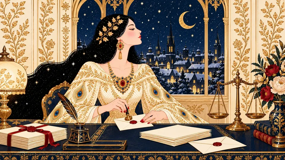 IRIS sealing a firm, formal letter with a red wax seal at a navy desk beside a brass scale.