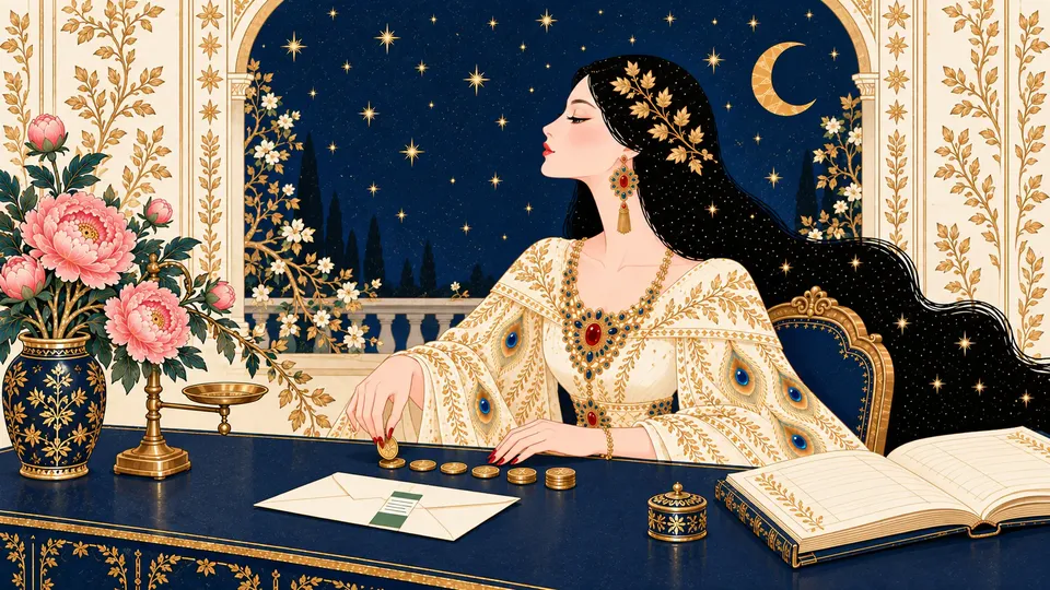 IRIS counting gold coins at a navy desk beside an envelope with a Certified Mail receipt strip and a brass postal scale.