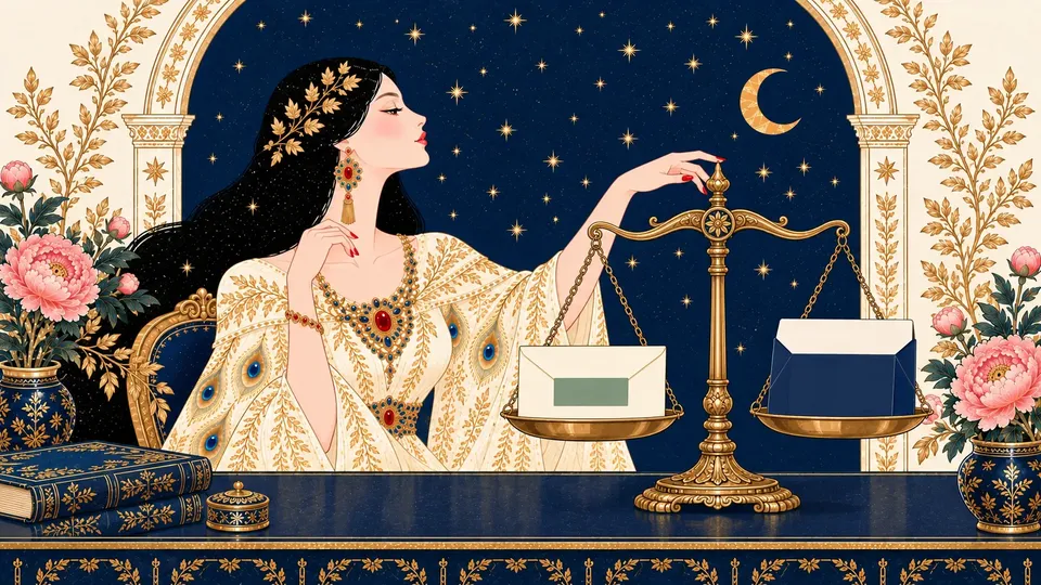 IRIS weighing a green-labeled certified letter against a navy express mailer on a brass balance scale.