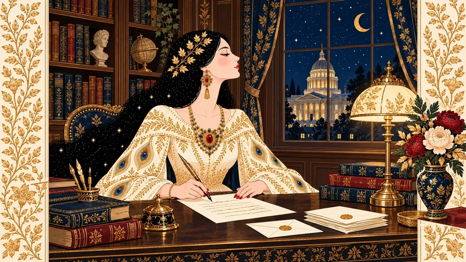 IRIS writing a sincere letter at a desk in a quiet library with a courthouse dome visible through the window.