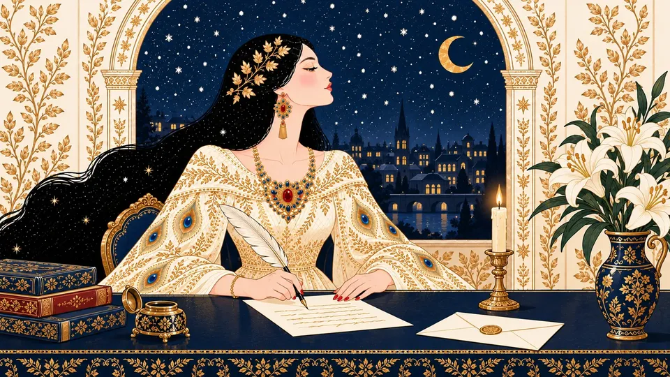 IRIS writing a gentle letter by candlelight beside white lilies and a cream envelope.