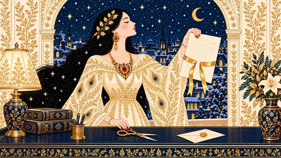 IRIS holding a contract with a gold ribbon cut in two beside brass scissors and a sealed envelope.