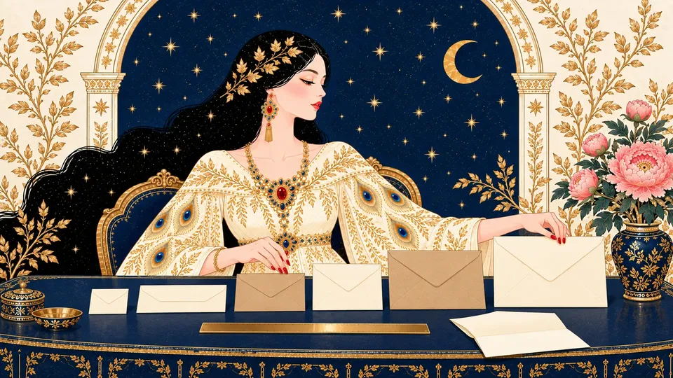 IRIS lining up envelopes of several sizes on her desk beside a brass ruler and a folded letter.