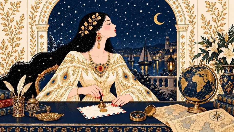 IRIS placing a round gold-edged stamp on an airmail envelope beside a small brass globe.