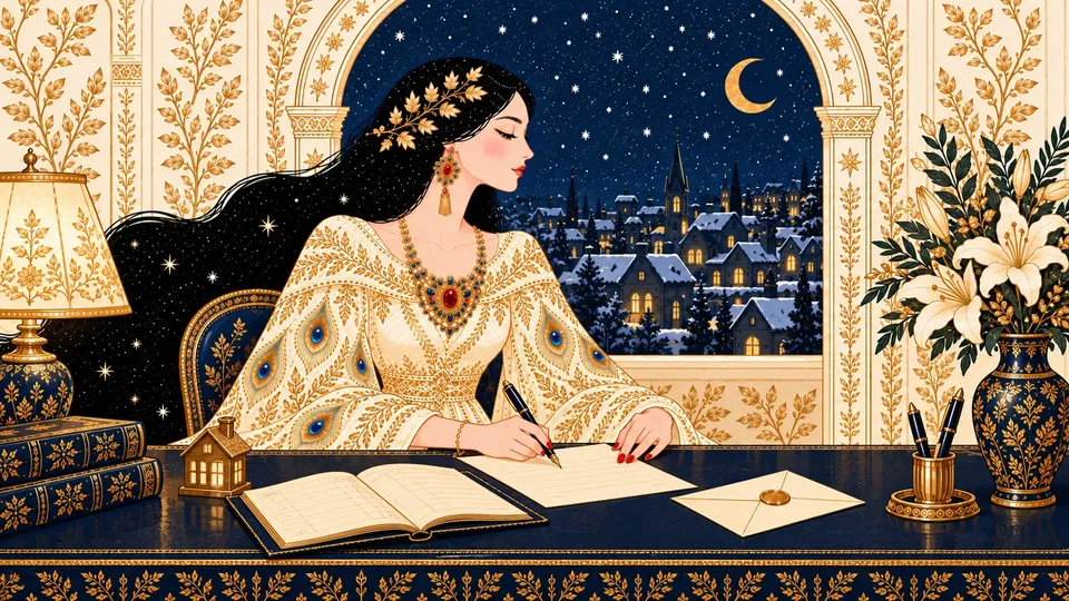 IRIS writing a careful letter at a navy desk beside an open household ledger, a small brass house figure, and a sealed envelope.