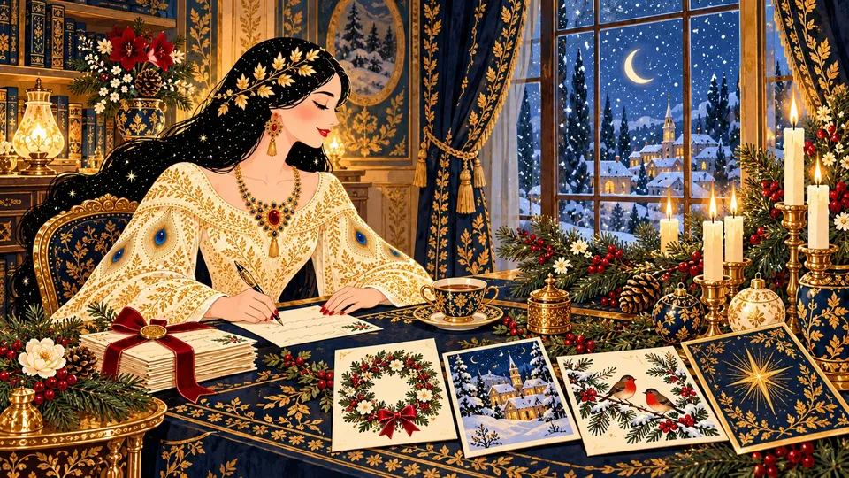IRIS writing on the back of a holiday postcard beside illustrated wreath, snowy village, songbird, and gold-star New Year cards.