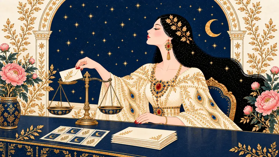 IRIS weighing a folded letter on a brass balance scale beside a sheet of postage stamps and a stack of envelopes.