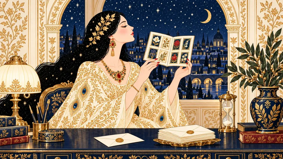 IRIS fanning open a booklet of gold-bordered postage stamps at a navy desk beside an hourglass.