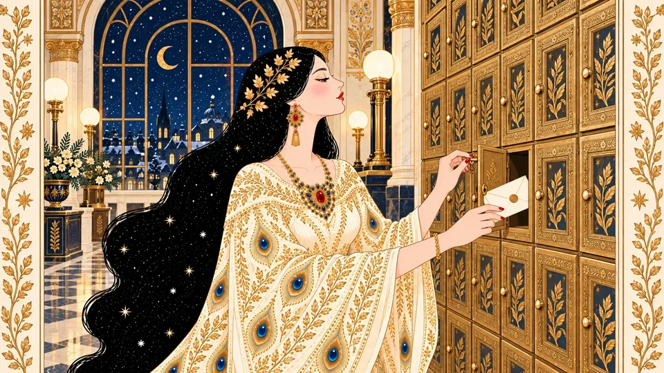 IRIS opening a small brass Post Office box in a wall of ornate PO boxes, a letter in her hand.