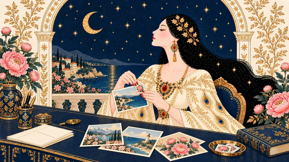 IRIS pressing a postage stamp onto an illustrated seaside postcard, with more picture postcards fanned across her desk.