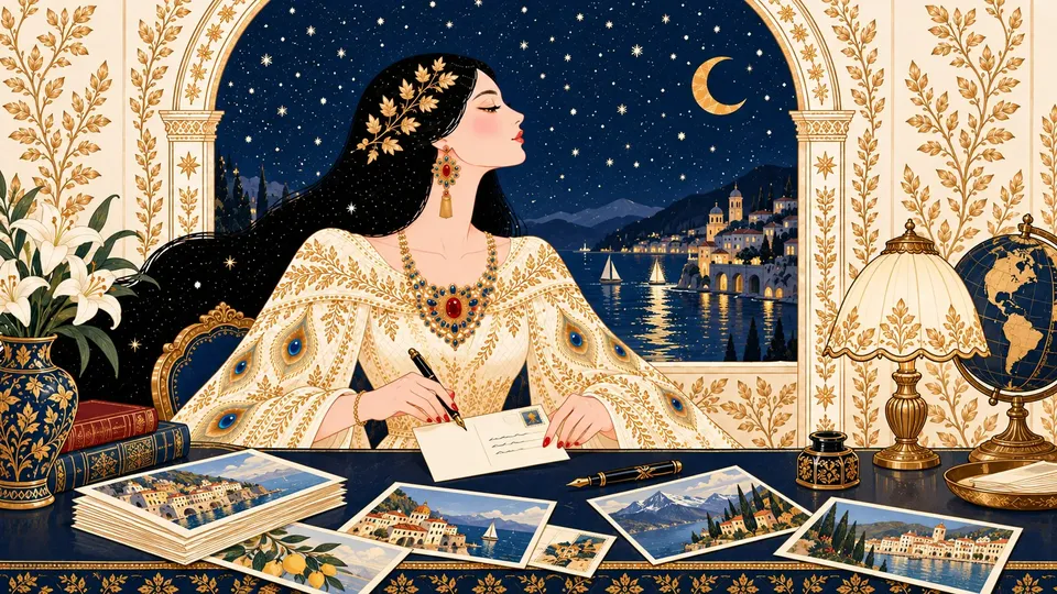 IRIS writing an address on the back of an illustrated postcard at a navy desk scattered with travel cards.