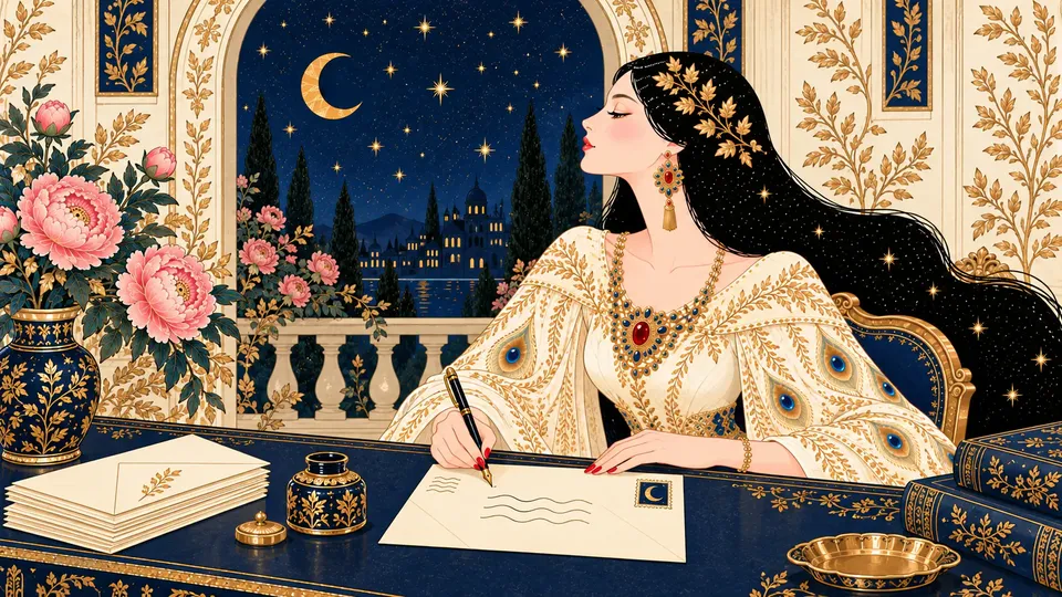 IRIS writing the recipient address on an ivory envelope with a gold fountain pen, a stamp already in the upper right corner.