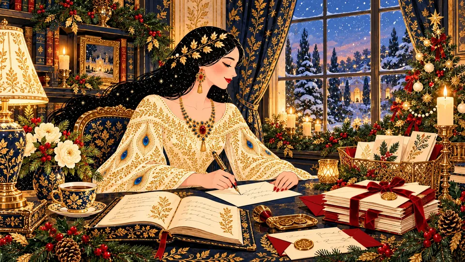 IRIS addressing a holiday envelope beside an open address book and a ribbon-tied stack of red and cream envelopes in a snowy evening study.