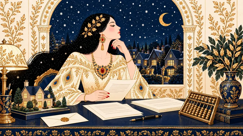 IRIS reviewing mortgage papers beside a small model house and a sealed request letter at a navy desk.