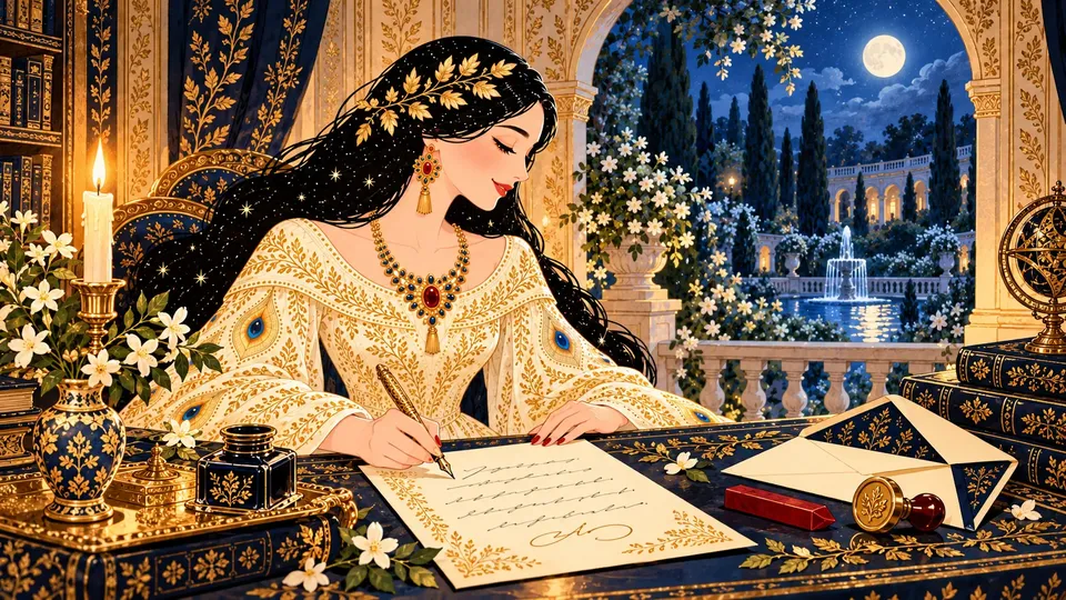 IRIS signing the bottom of a one-page letter with a gold fountain pen beside red sealing wax, a brass seal, and an open envelope.