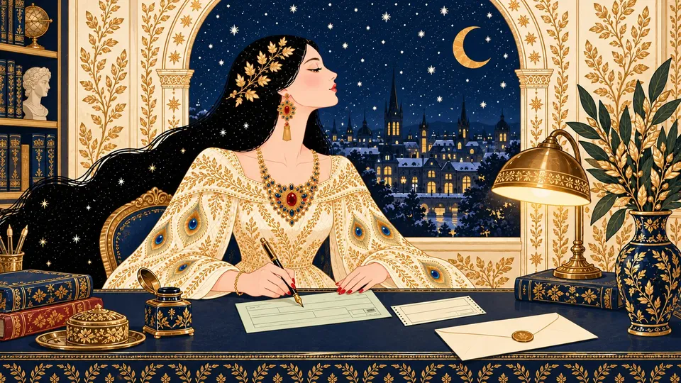 IRIS filling in a money order with a fountain pen at a navy desk, its receipt stub and an envelope beside her.