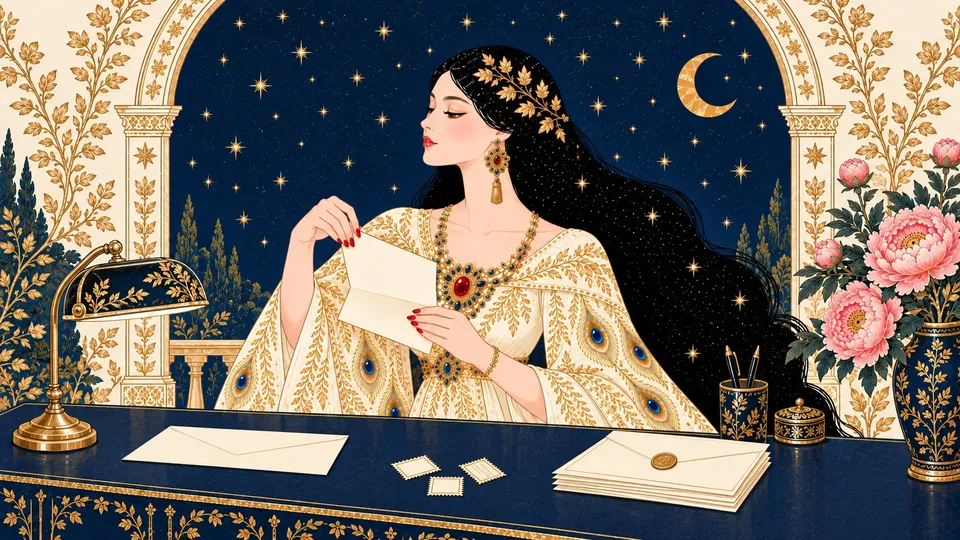 IRIS folding a cream letter into thirds beside a long business envelope, postage stamps, and a brass lamp.