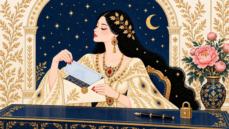 IRIS sealing a security-tinted envelope with a blank check tucked inside, a fountain pen beside it.
