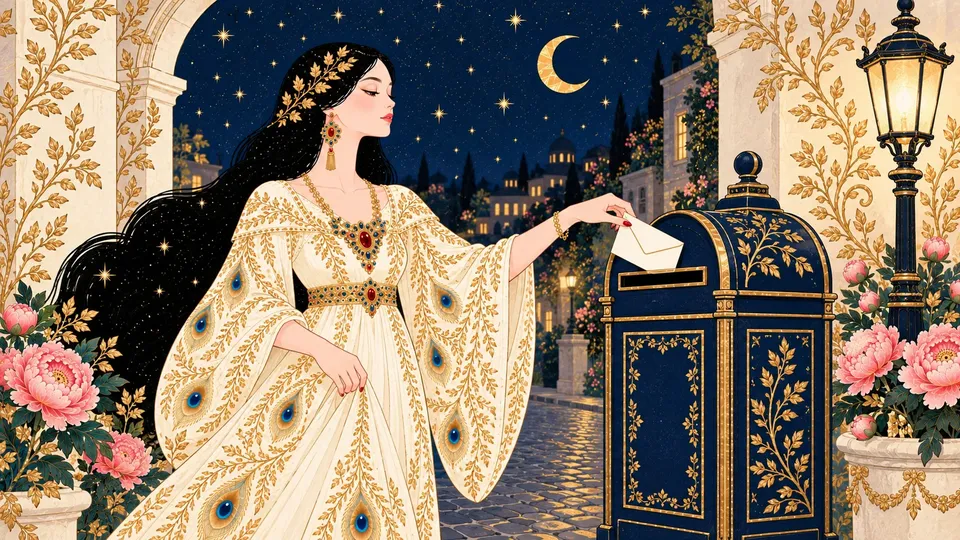 IRIS dropping a stamped envelope into a navy street collection box beneath a starry evening sky.
