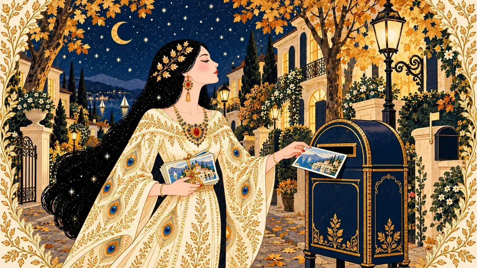 IRIS sliding an illustrated postcard into a navy street mailbox on an autumn evening, holding a ribbon-tied stack of postcards.