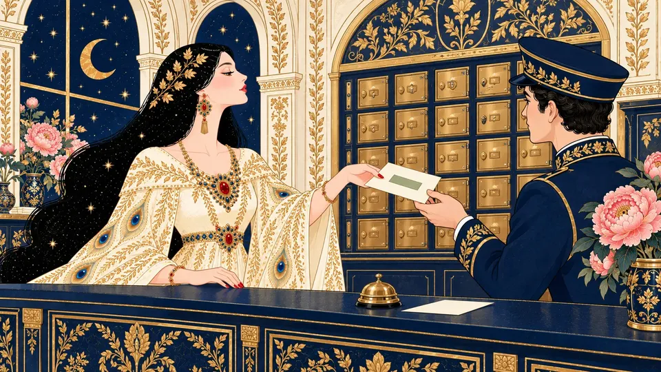 IRIS handing a green-labeled envelope across an ornate post office counter beside a brass bell and a receipt.