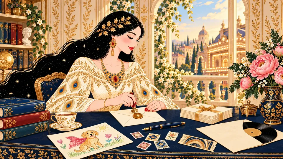 IRIS sealing a fan letter with a gold star wax seal at a navy desk beside a child’s crayon drawing, stamps, books, and a record.