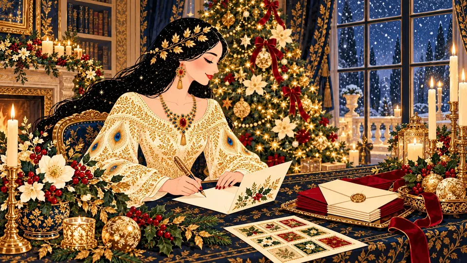 IRIS signing a Christmas card with a gold fountain pen beside a decorated tree, red and cream envelopes, and a sheet of holiday stamps.