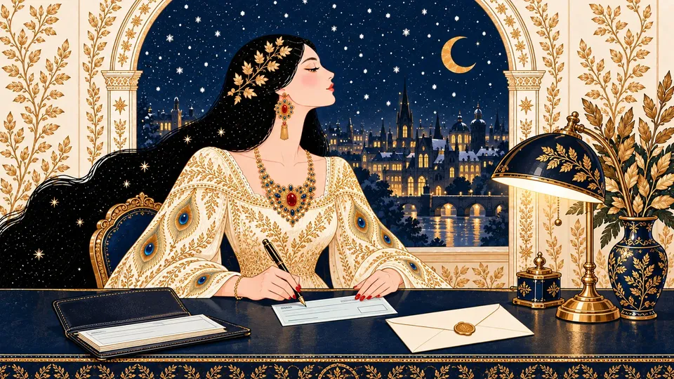 IRIS writing a check with a gold fountain pen at a navy desk, a checkbook open beside an envelope.