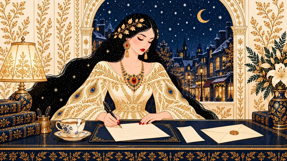 IRIS composing a firm letter at a navy desk beside a chipped teacup, a store receipt, and a sealed envelope.