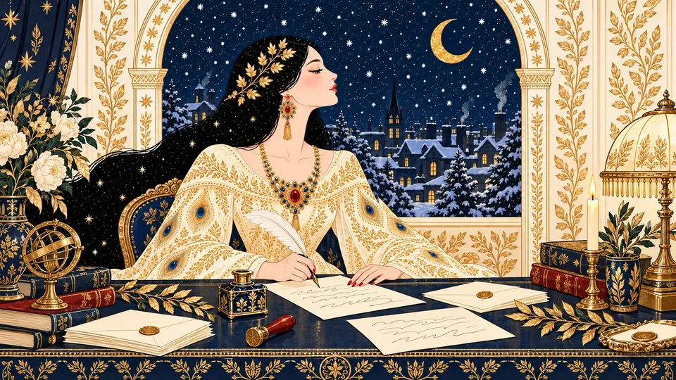 IRIS writing a letter by hand at an ornate desk scattered with cream stationery and a feather quill.