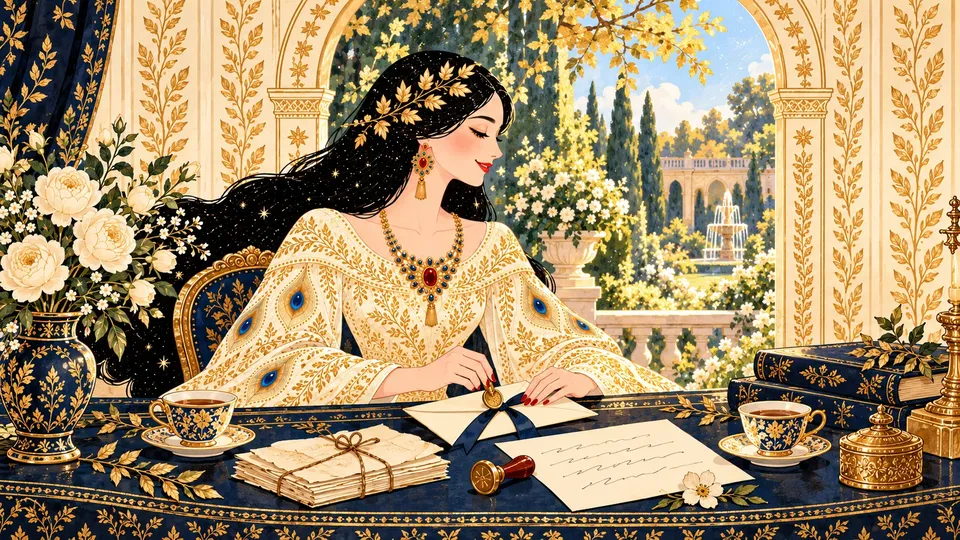 IRIS sealing a ribbon-tied envelope at a navy desk beside a bundle of old letters, two teacups, and white roses, with a sunny garden through the window.