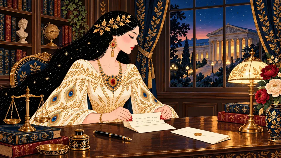 IRIS folding a one-page letter in thirds at a wooden desk beside a brass scale of justice, a columned courthouse in the window at dusk.