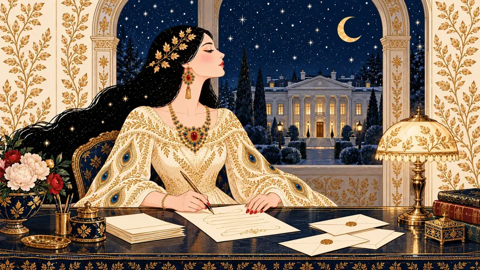 IRIS writing a formal letter at a stately desk with a classical white portico glowing outside the window.