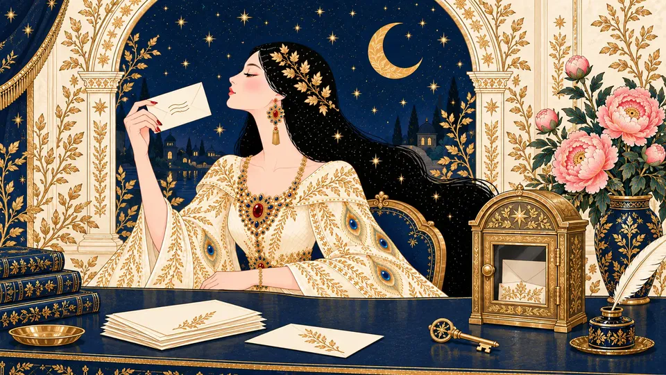 IRIS holding an addressed envelope at her desk beside a small brass post office box door and its gold key.