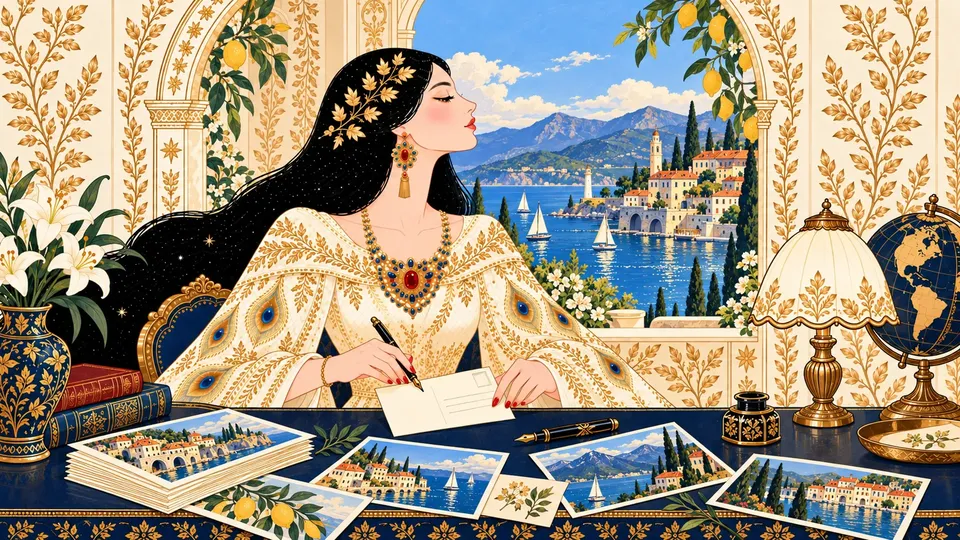 IRIS writing a short message on a postcard at a navy desk by a sunlit harbor window, with travel postcards fanned beside her.