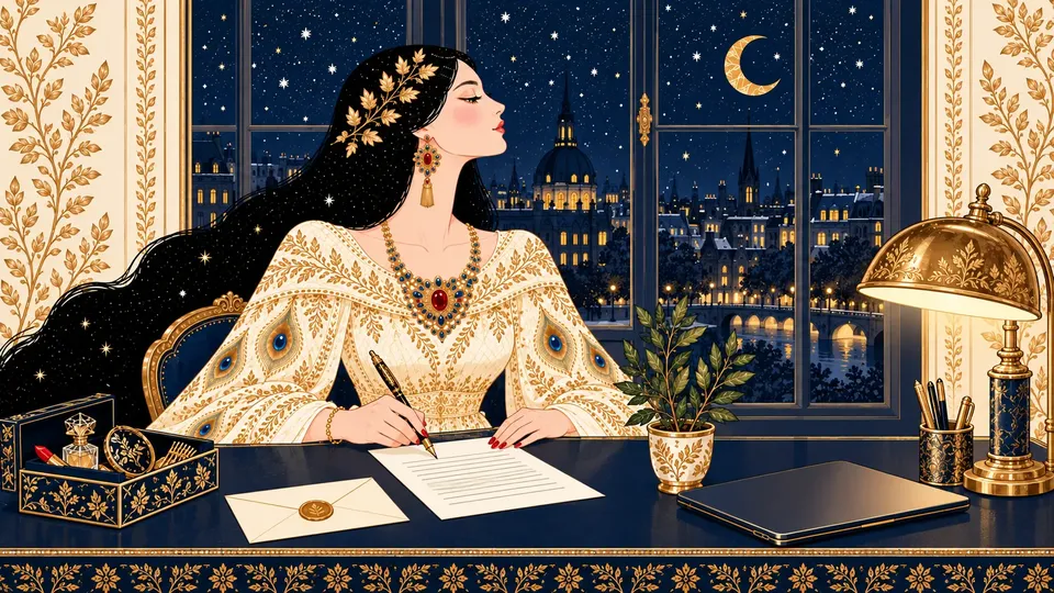 IRIS signing a typed resignation letter at a navy office desk beside a sealed envelope and a potted laurel.