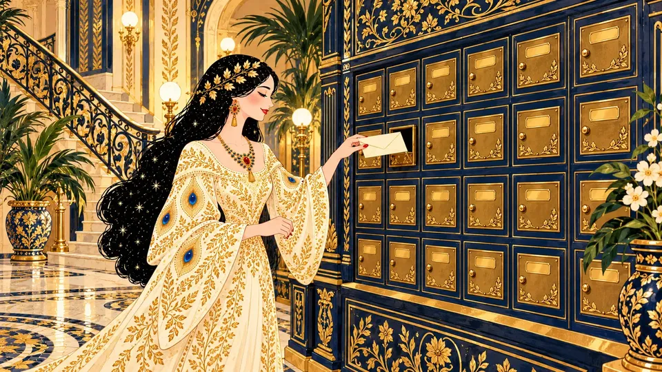 IRIS slipping an envelope into one of many small brass mailbox doors in an art-nouveau apartment lobby.