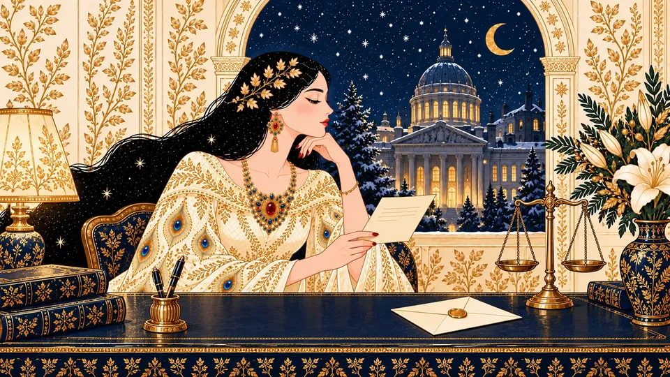 IRIS reading a summons card at a navy desk beside brass scales of justice and a sealed envelope.