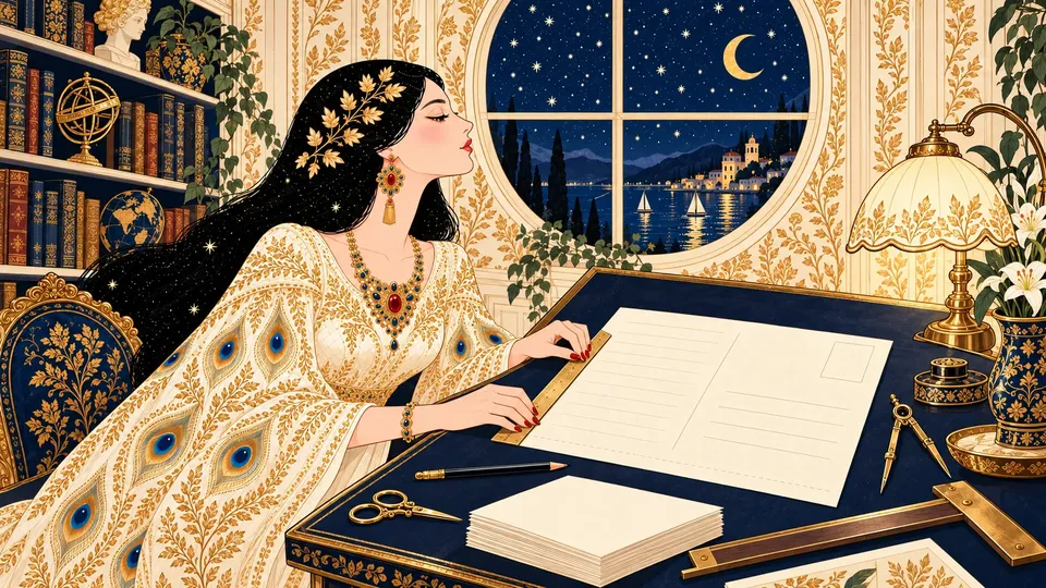 IRIS holding a brass ruler against a blank postcard back marked with message, stamp, and address zones on a navy drafting desk.