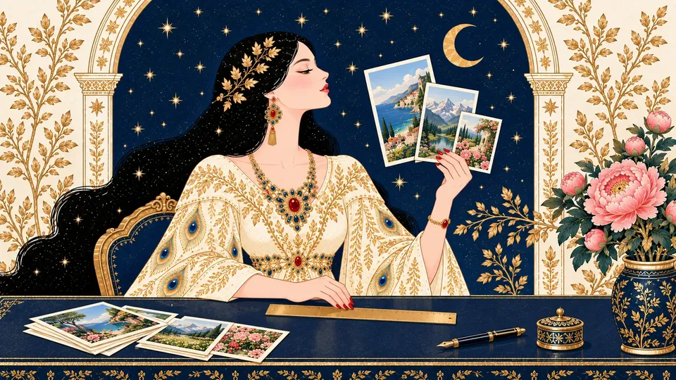 IRIS comparing three illustrated postcards of different sizes against a brass ruler on her desk.