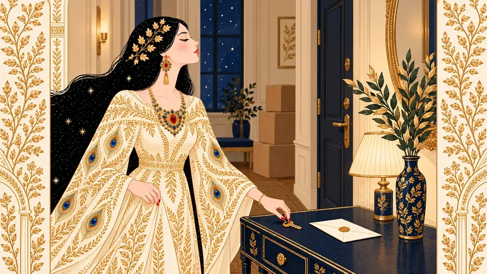 IRIS handing over a brass apartment key beside a sealed request letter on a navy entry table.