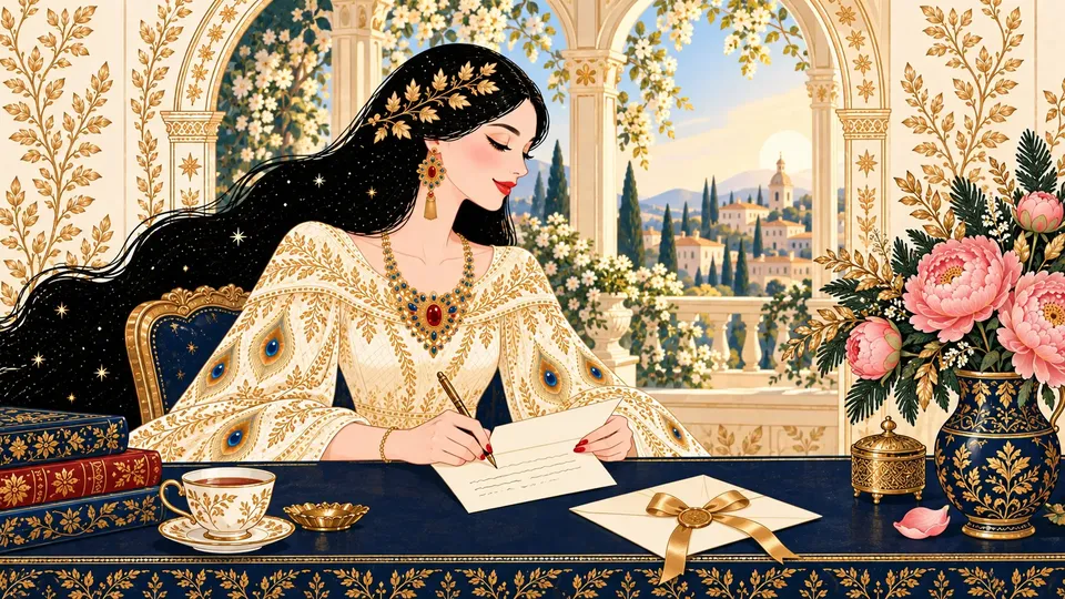 IRIS writing a thank-you card beside a vase of peonies and a ribbon-tied envelope at a navy desk.