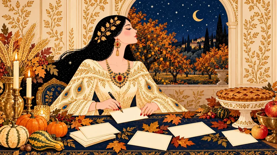 IRIS writing a Thanksgiving postcard at a harvest table with pumpkins, a pie, candles, and scattered autumn leaves.