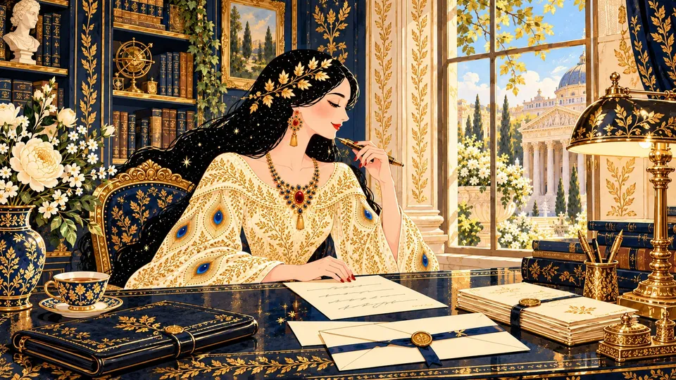 IRIS pausing over a formal letter on cream letterhead in a navy library, with a long business envelope and a columned building outside.