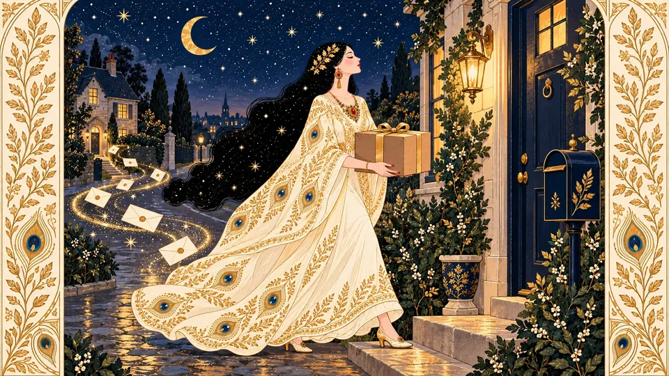 IRIS carrying a moving box toward a new front door as envelopes follow a gold path behind her.