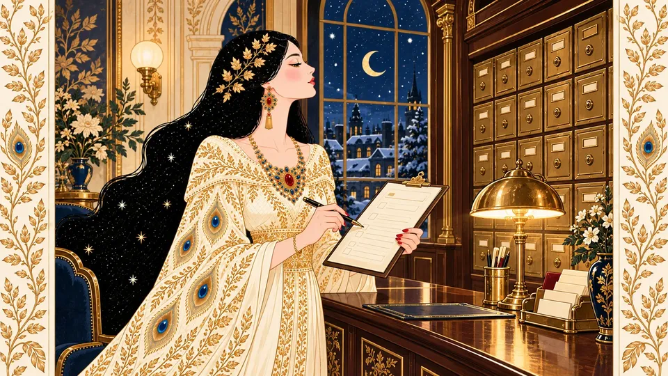 IRIS reviewing an application form at the counter of an elegant private mailbox shop lined with brass boxes.